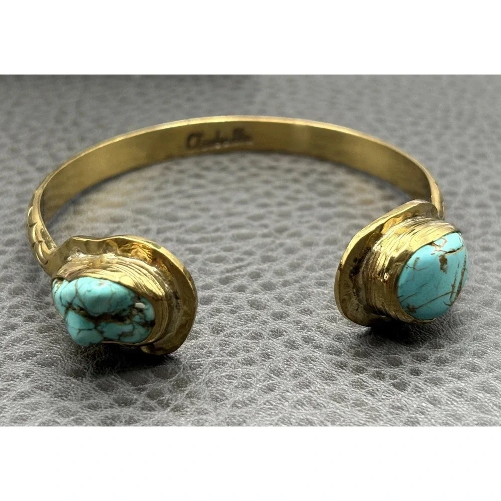 Cleobella Blue Turquoise Stone Mermaid Scale Pattern Cuff Bracelet 7.25